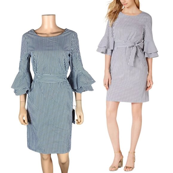 PAPPAGALLO Striped Ruffle Tiered Sleeve Belted Dress NWT 4 - Picture 1 of 13